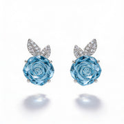 Blue Flower Stud Earrings with Sparkling Leaf Details – 925 Silver