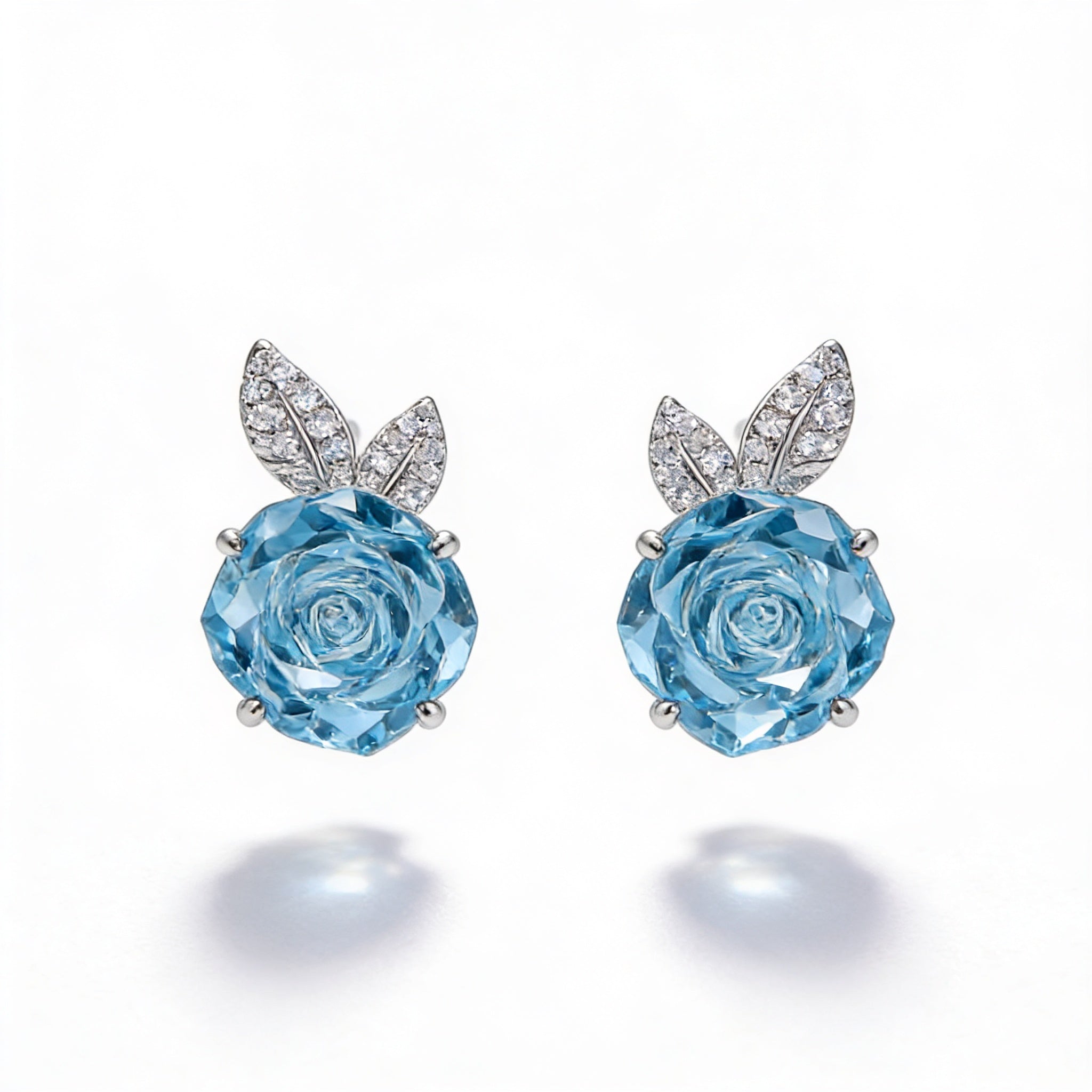 Blue Flower Stud Earrings with Sparkling Leaf Details – 925 Silver