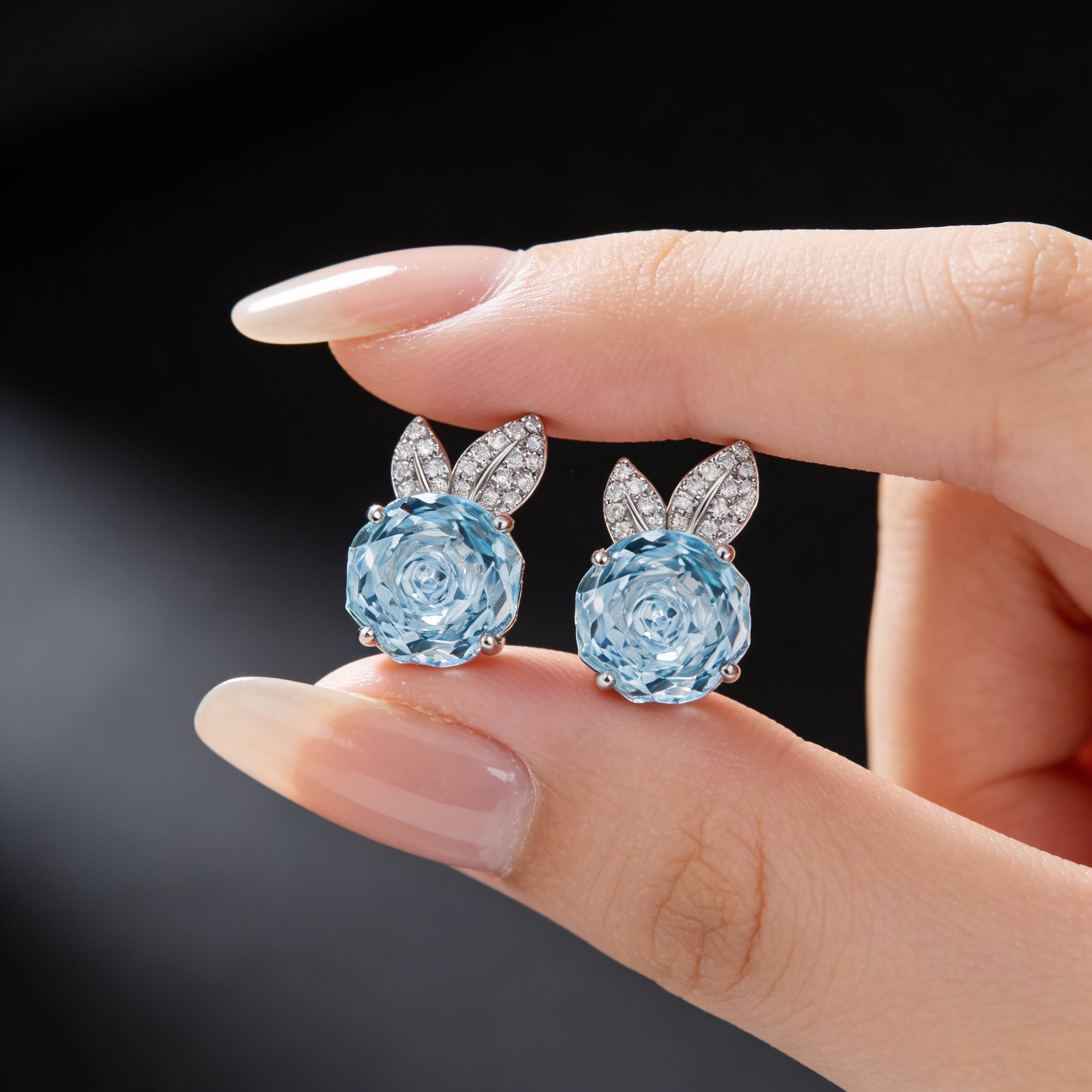 Blue Flower Stud Earrings with Sparkling Leaf Details – 925 Silver