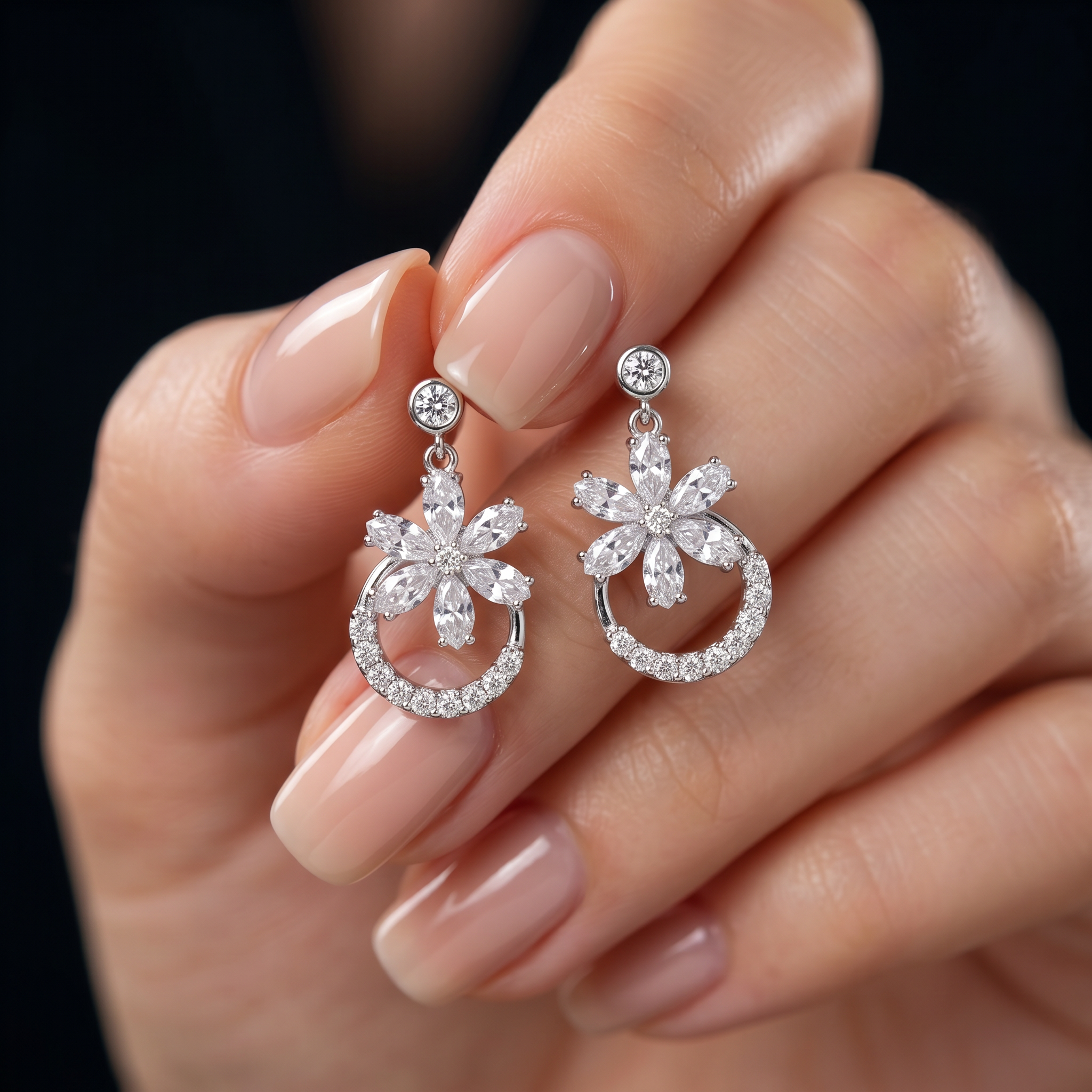 925 Silver Screw Back Drop Earrings with Flower Design