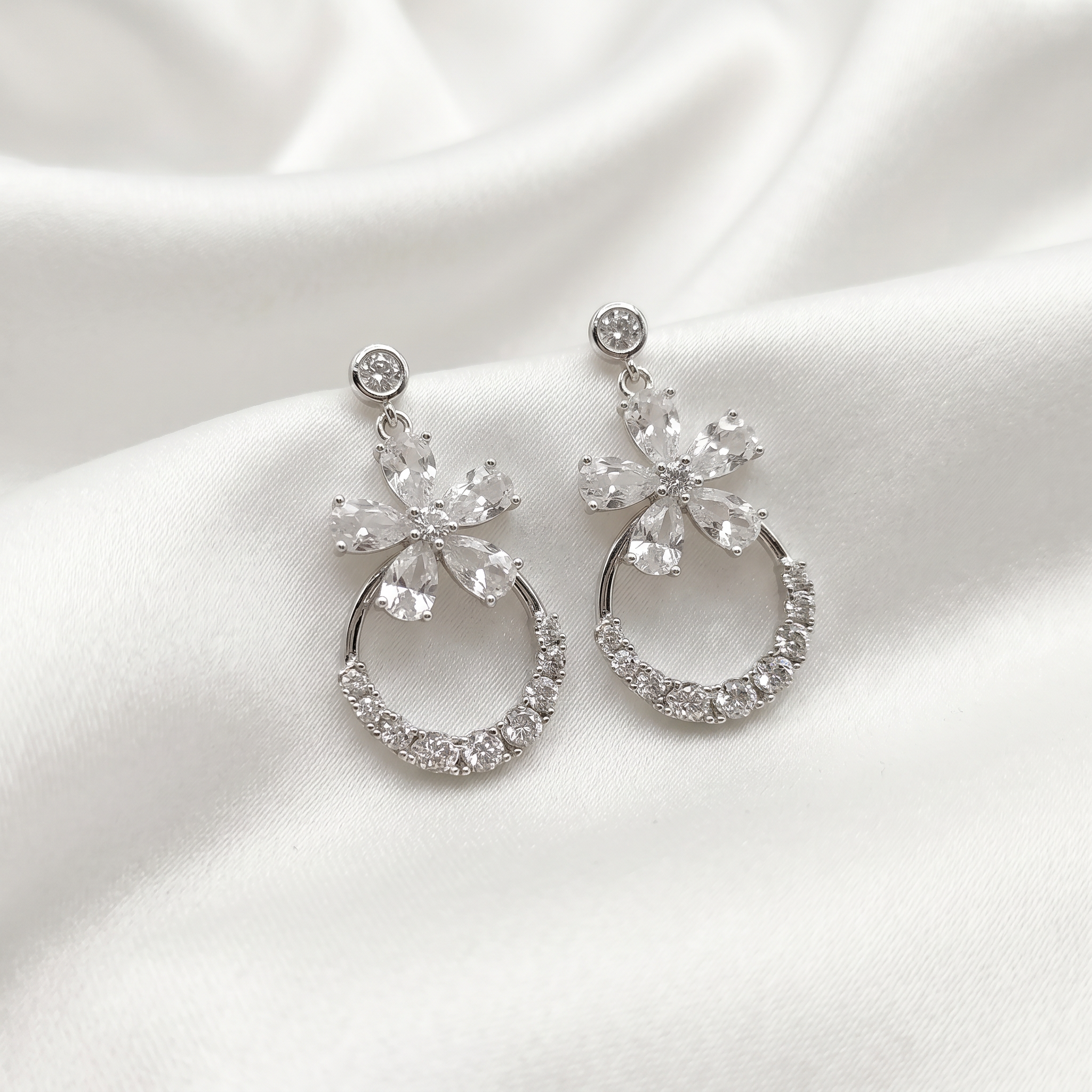 925 Silver Screw Back Drop Earrings with Flower Design