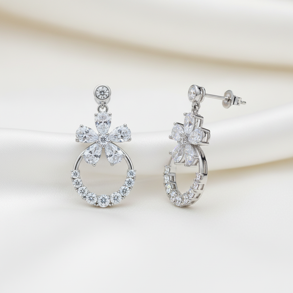 925 Silver Screw Back Drop Earrings with Flower Design