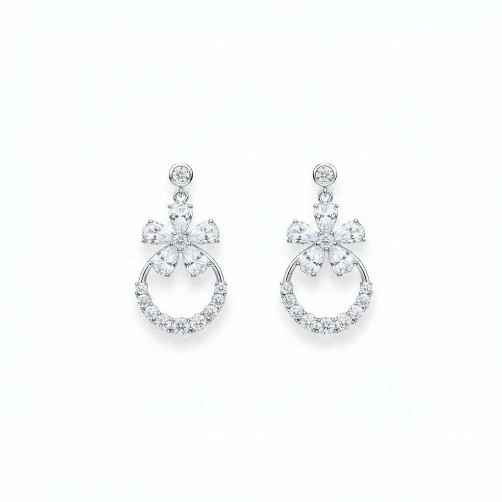 925 Silver Screw Back Drop Earrings with Flower Design