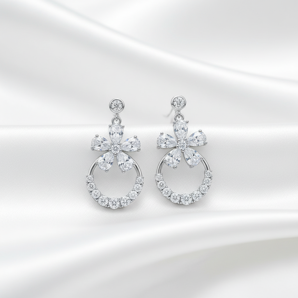 925 Silver Screw Back Drop Earrings with Flower Design