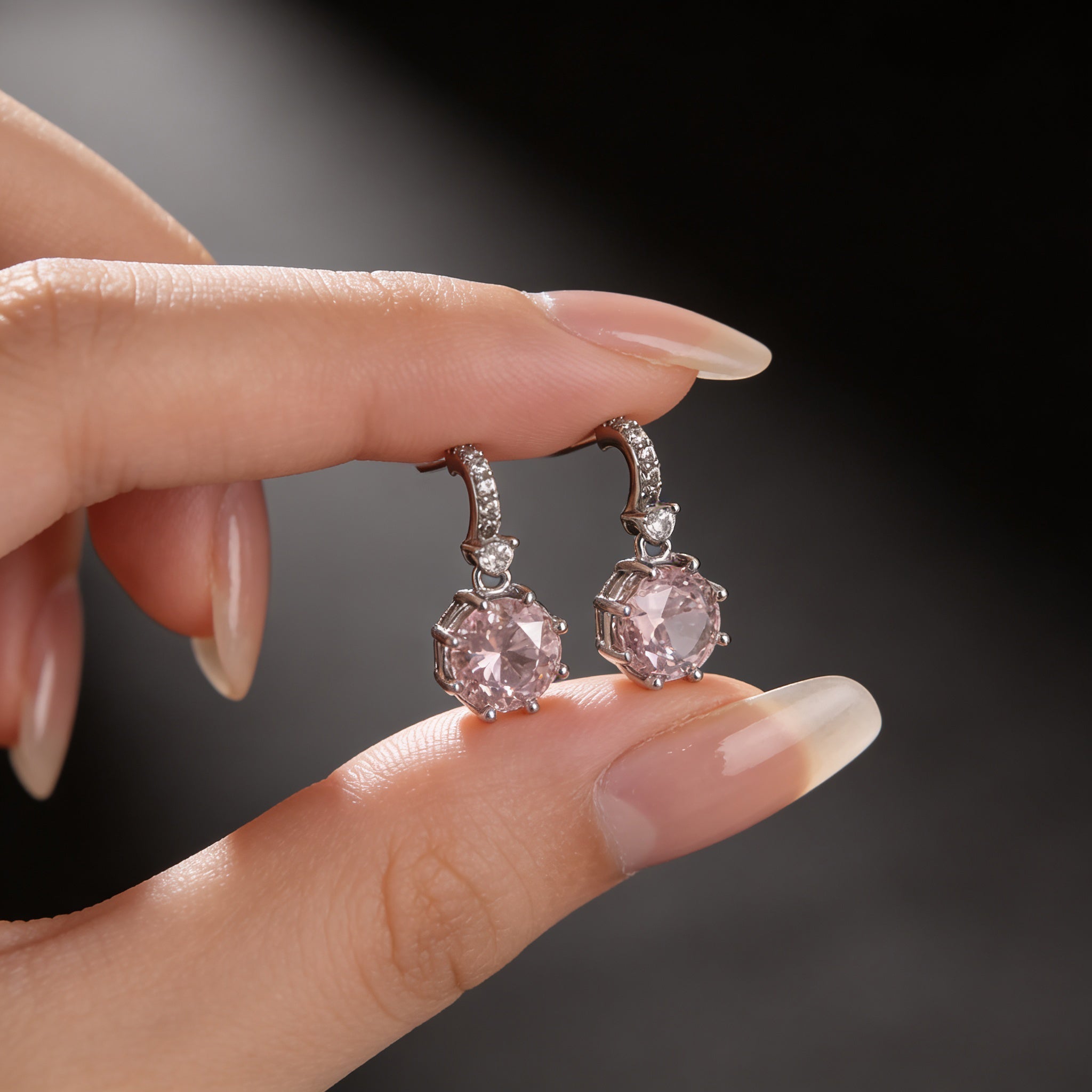 925 Silver Screw Back Earrings with Dangling Pink Stone