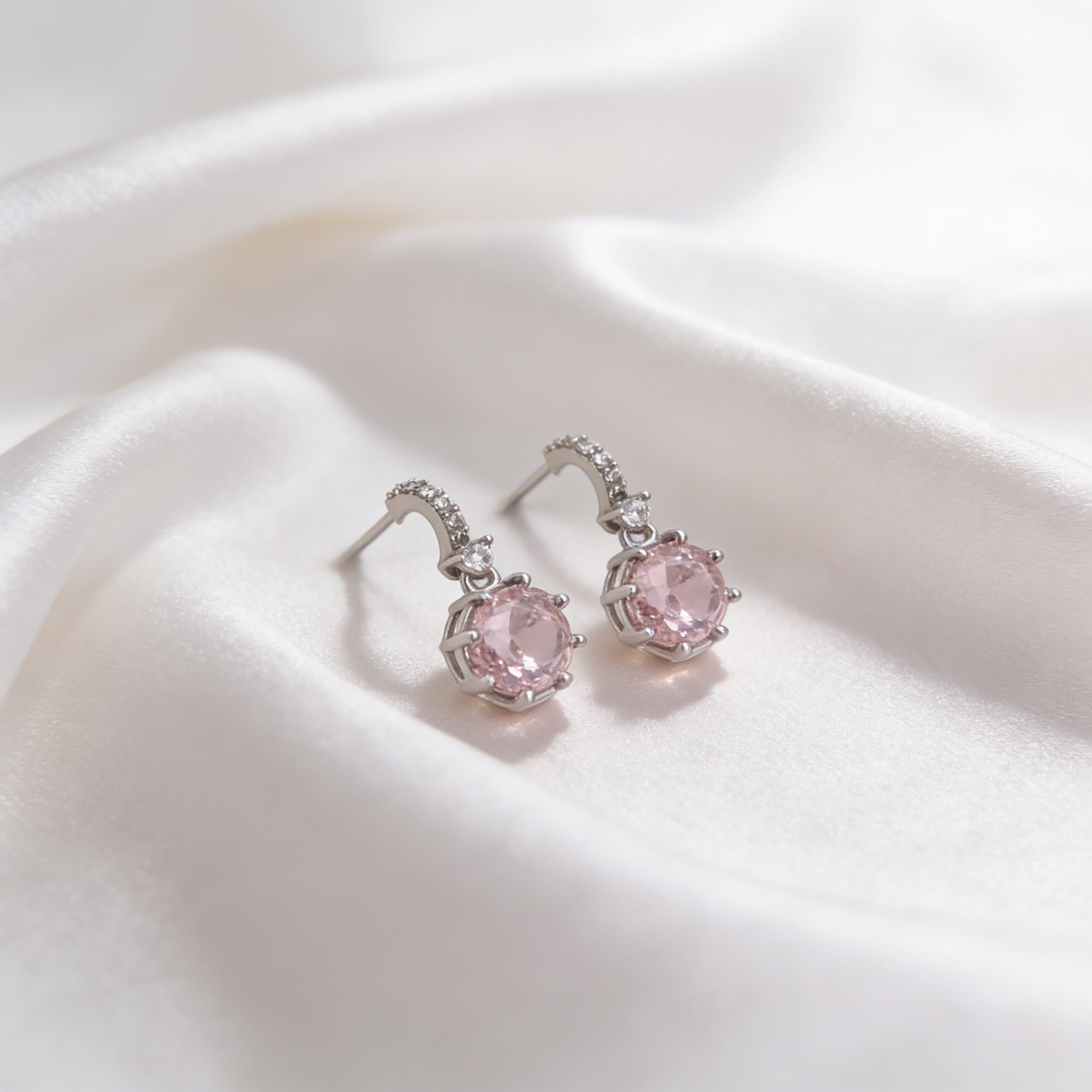 925 Silver Screw Back Earrings with Dangling Pink Stone