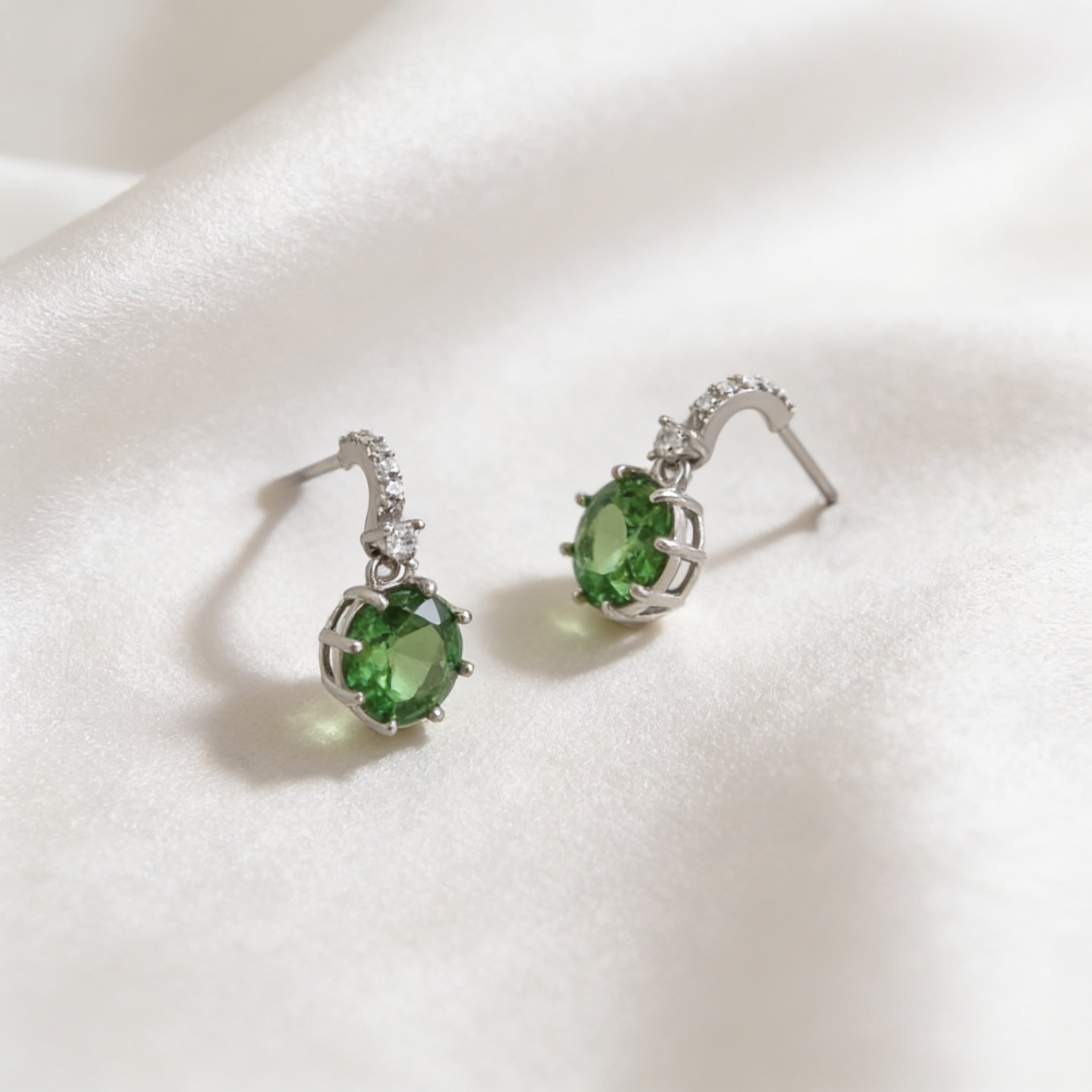 925 Silver Screw Back Earrings with Dangling Green Stone