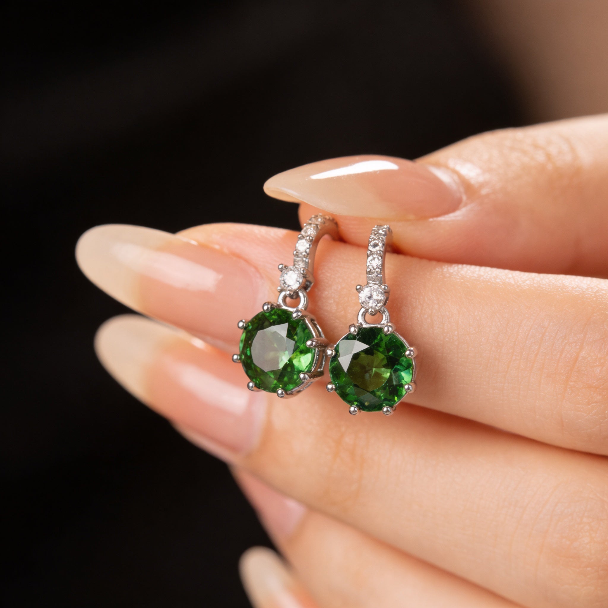 925 Silver Screw Back Earrings with Dangling Green Stone