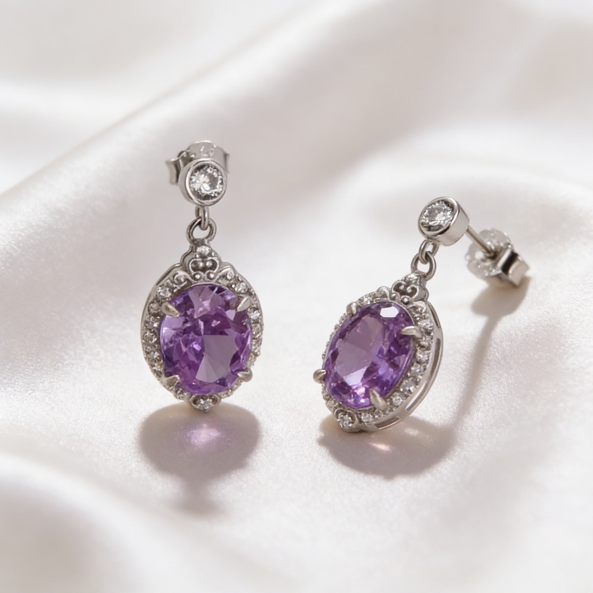 Screw-Back Earrings with an Oval Purple Ice-Crushed Stone, 925 Silver