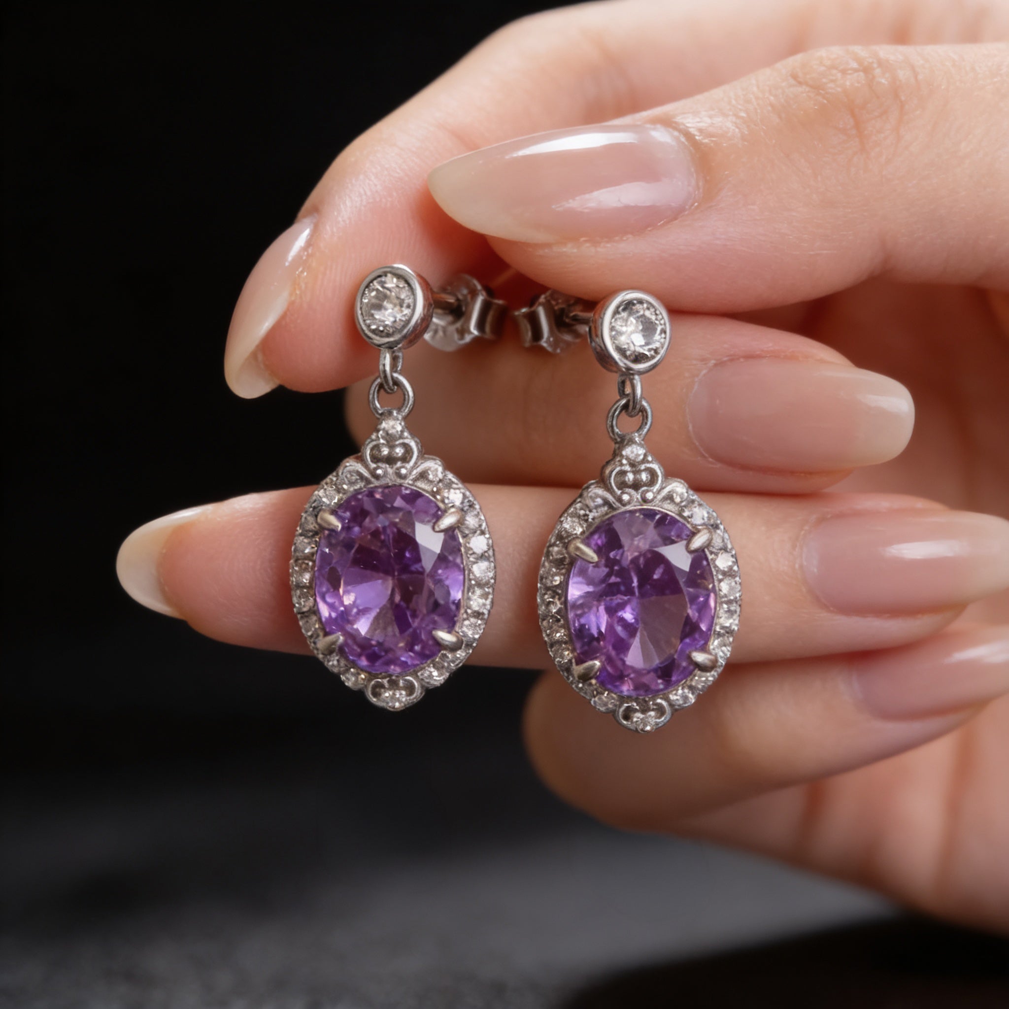 Screw-Back Earrings with an Oval Purple Ice-Crushed Stone, 925 Silver