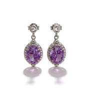 Screw-Back Earrings with an Oval Purple Ice-Crushed Stone, 925 Silver