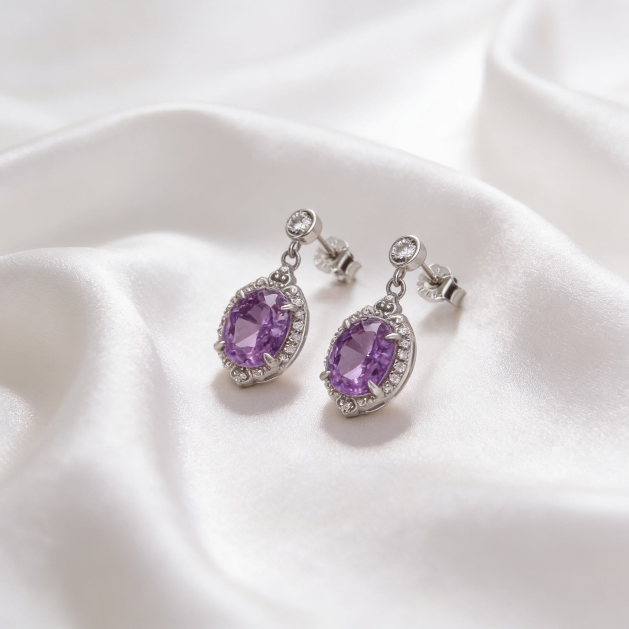 Screw-Back Earrings with an Oval Purple Ice-Crushed Stone, 925 Silver