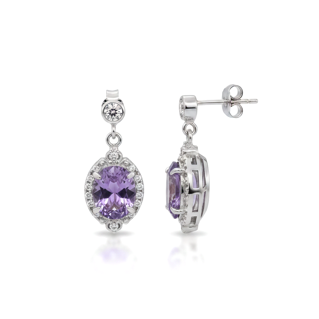 Screw-Back Earrings with an Oval Purple Ice-Crushed Stone, 925 Silver