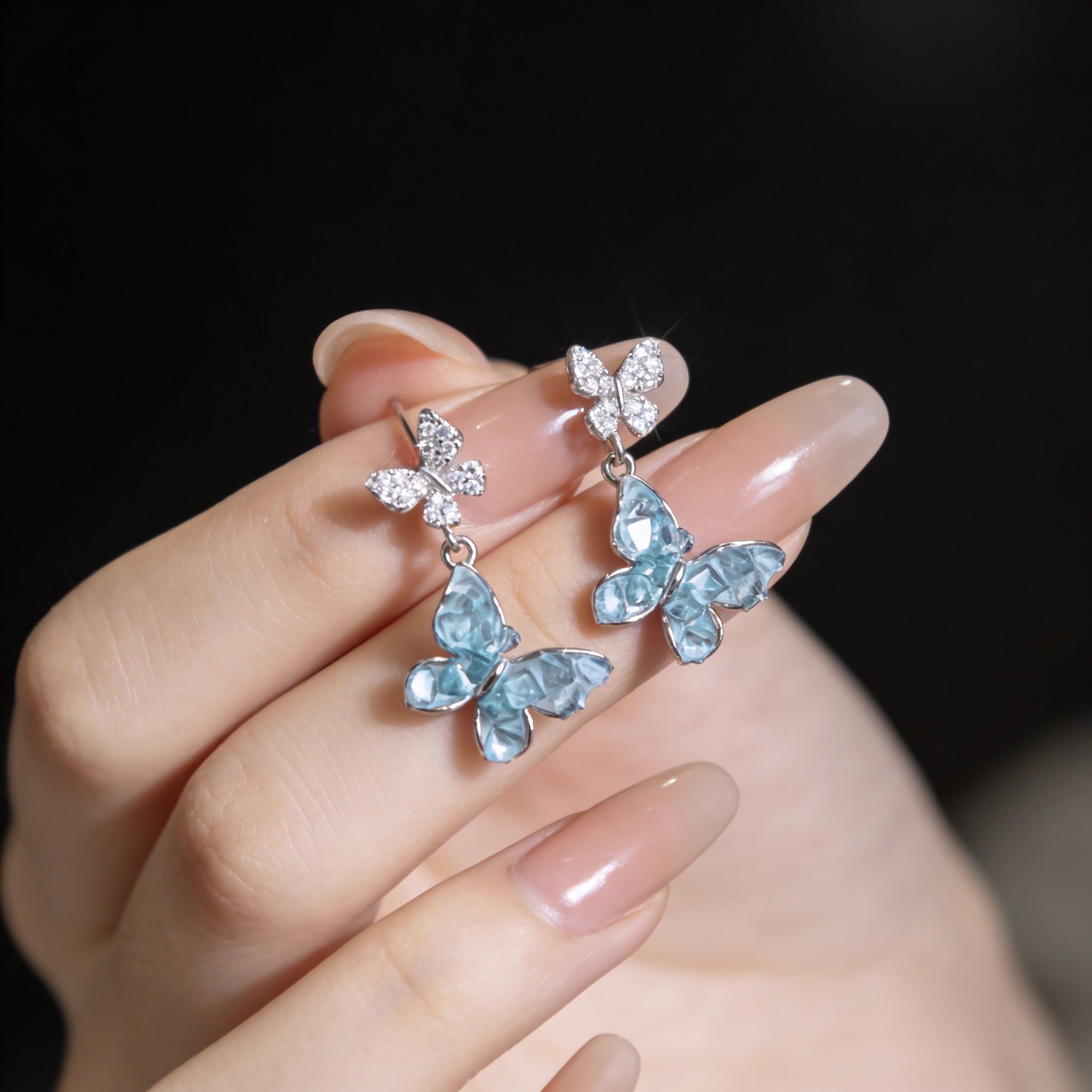 Elegant Light Blue Dangling Butterfly Stud Earrings – 925 Silver