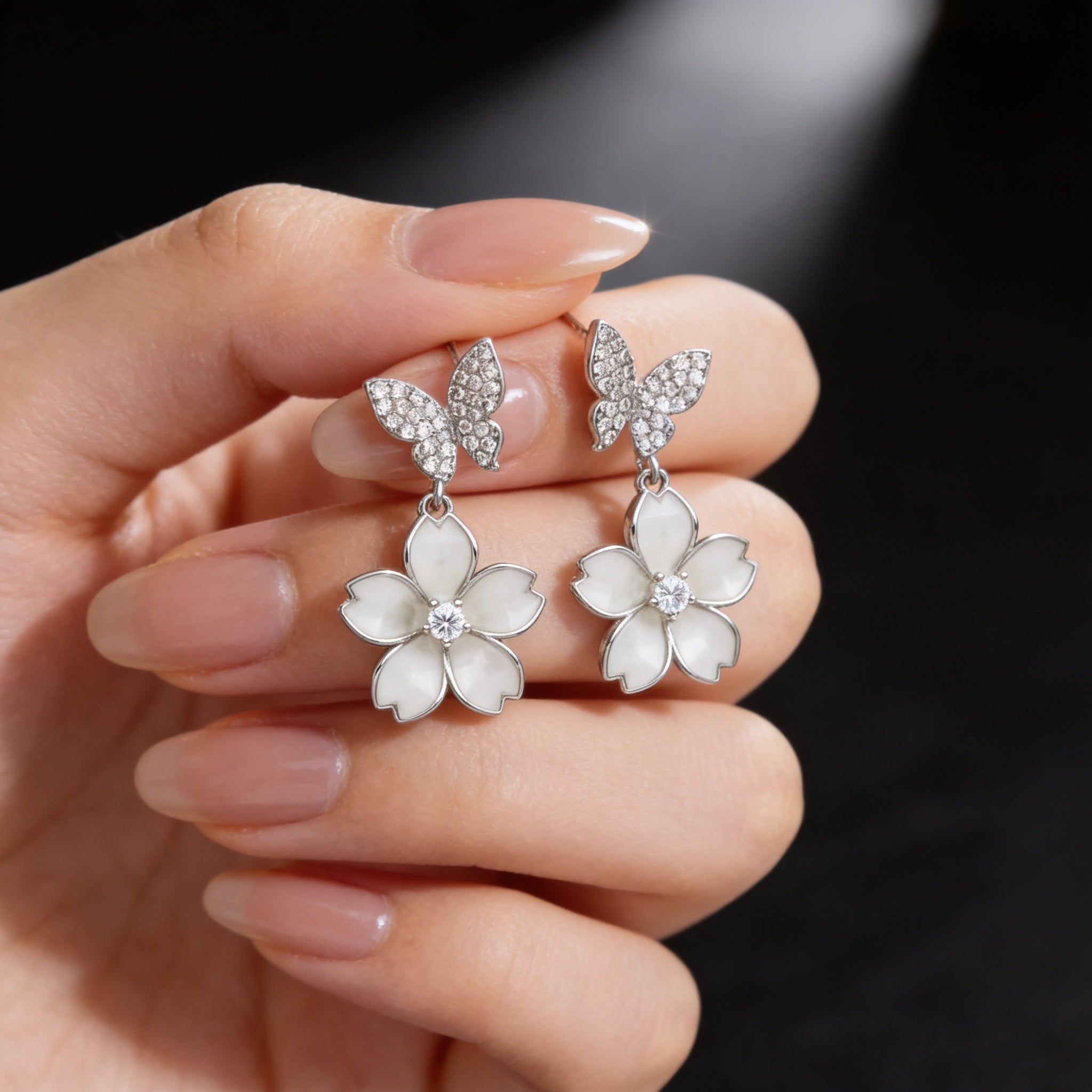 Nature-Inspired Flower and Butterfly Stud Earrings – 925 Silver