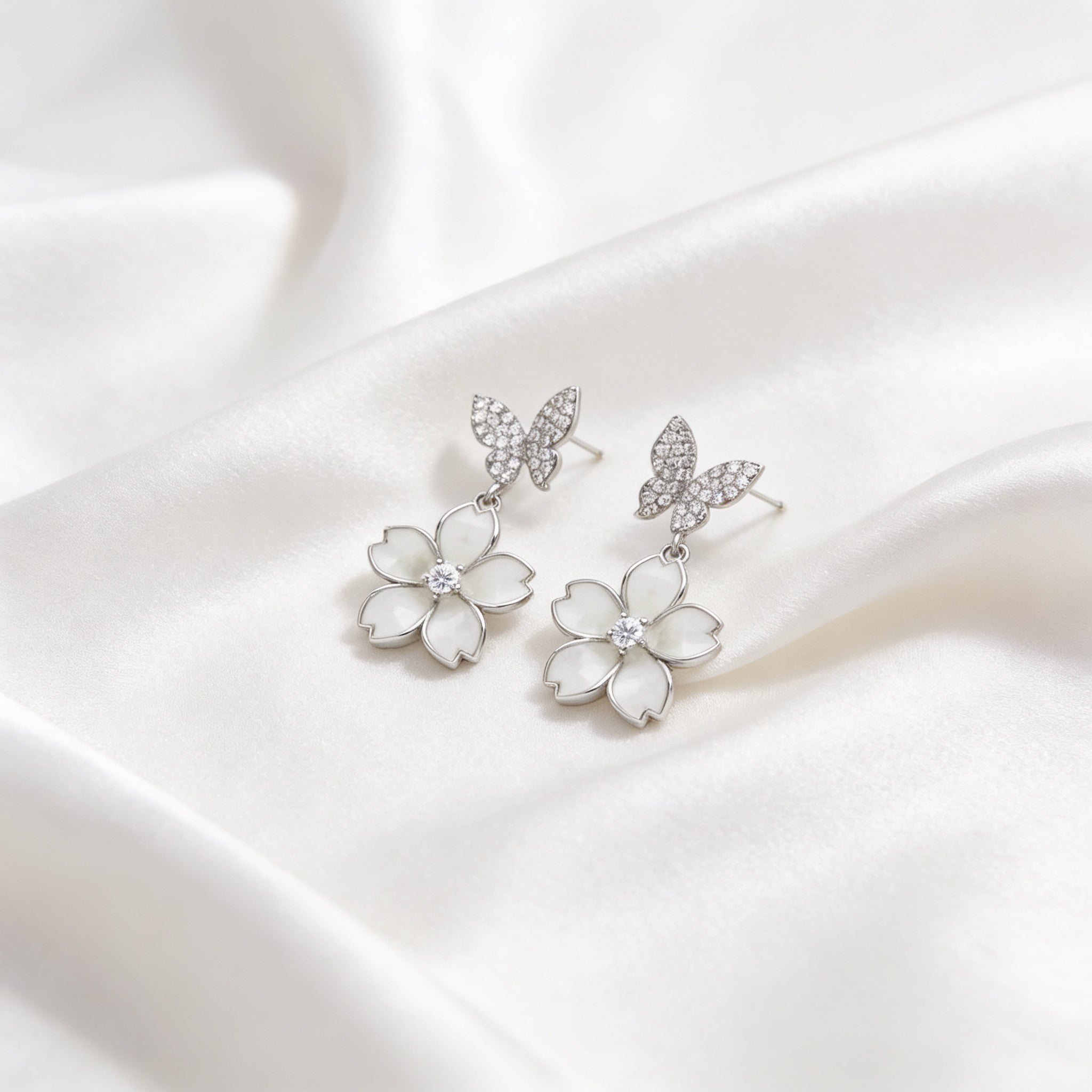 Nature-Inspired Flower and Butterfly Stud Earrings – 925 Silver