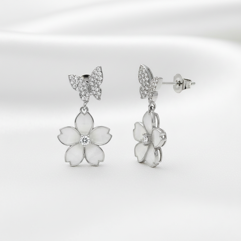 Nature-Inspired Flower and Butterfly Stud Earrings – 925 Silver