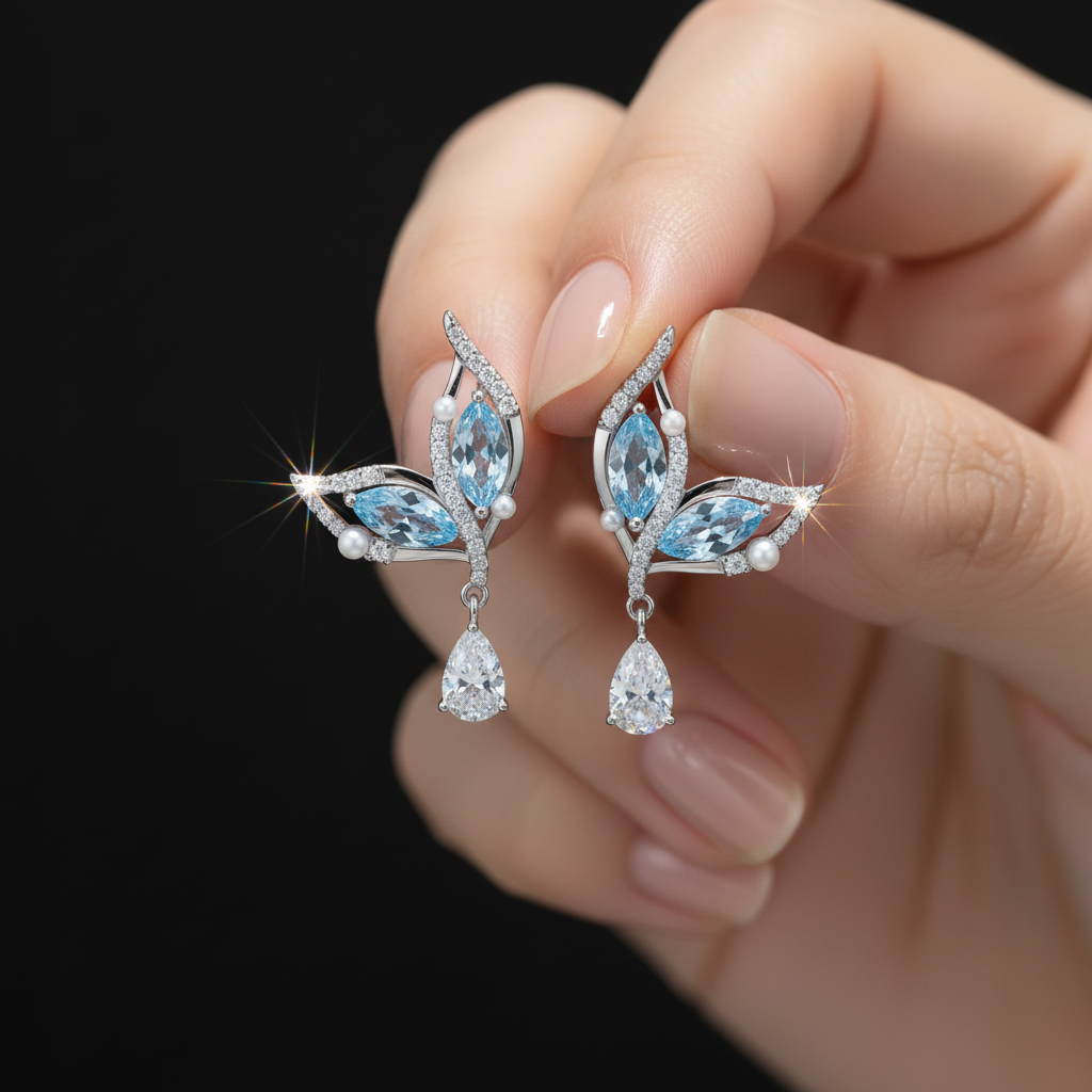 Delicate Stud Earrings with Light Blue Stone and Sparkling Stones – 925 Silver