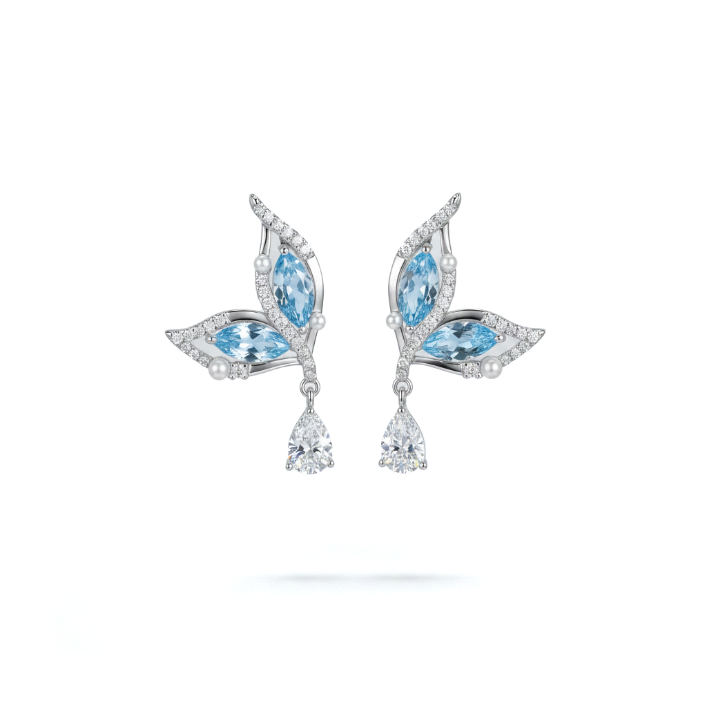 Delicate Stud Earrings with Light Blue Stone and Sparkling Stones – 925 Silver