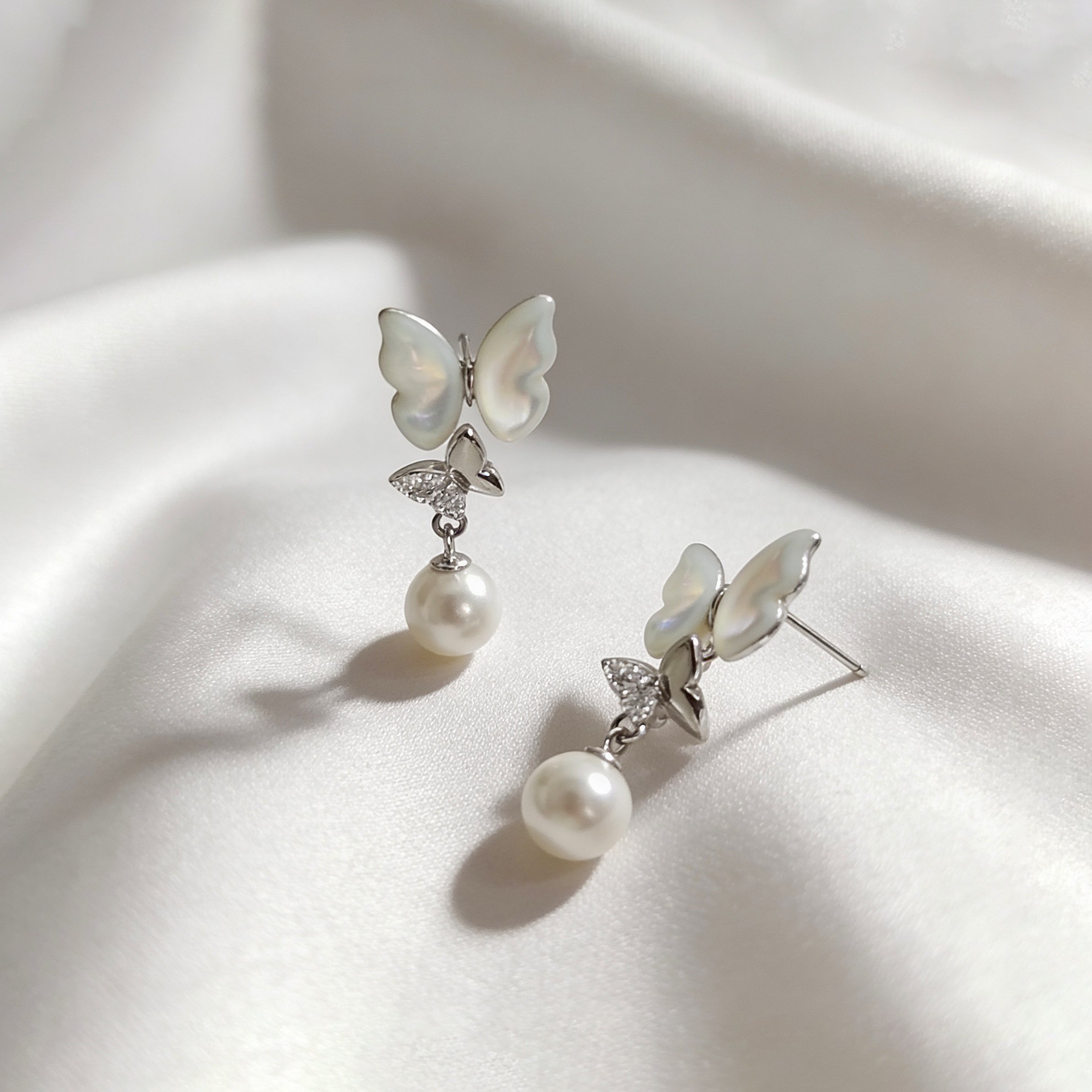 Delicate Butterfly Screw-Back Earrings with Zircon and Pearl, 925 Silver