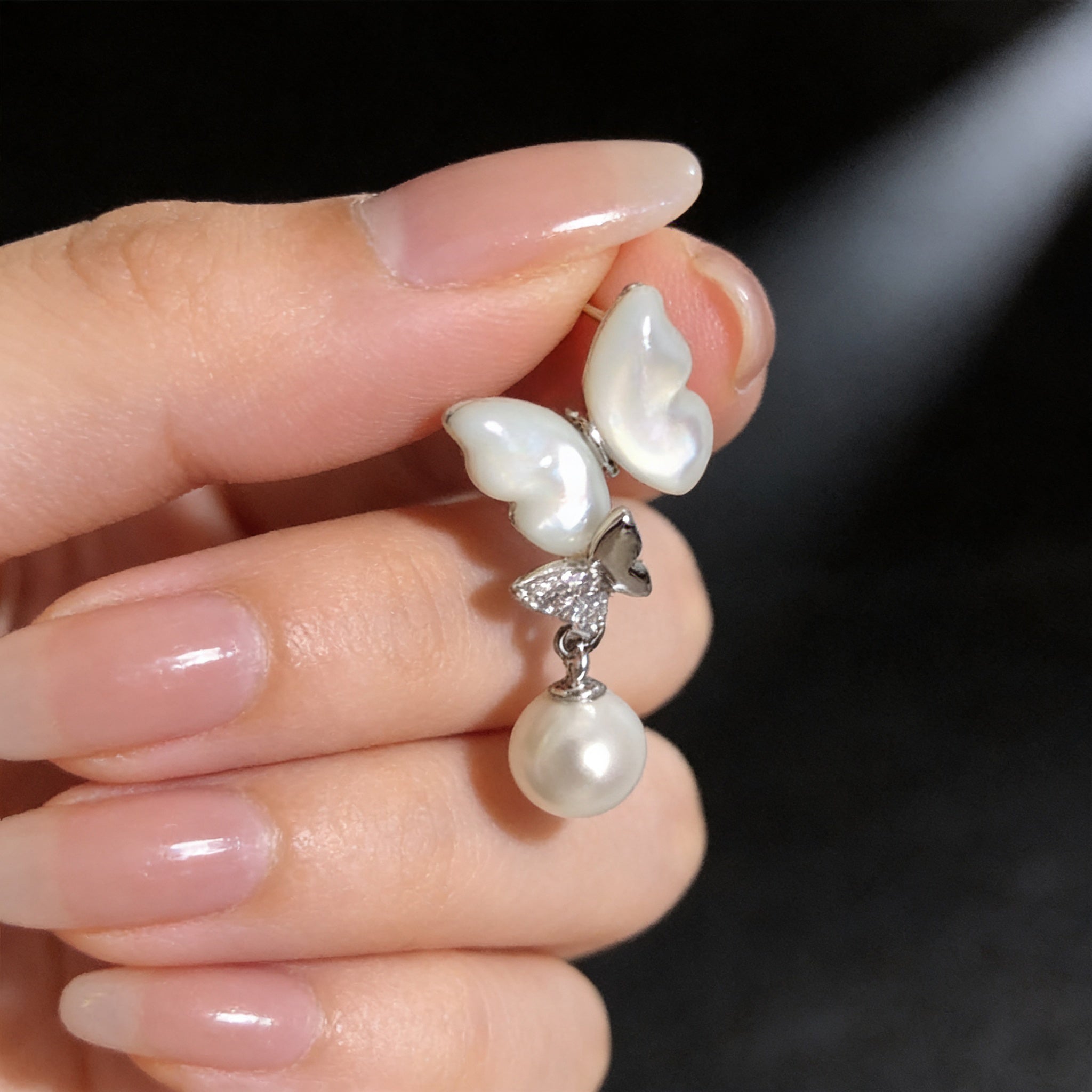 Delicate Butterfly Screw-Back Earrings with Zircon and Pearl, 925 Silver