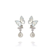 Delicate Butterfly Screw-Back Earrings with Zircon and Pearl, 925 Silver