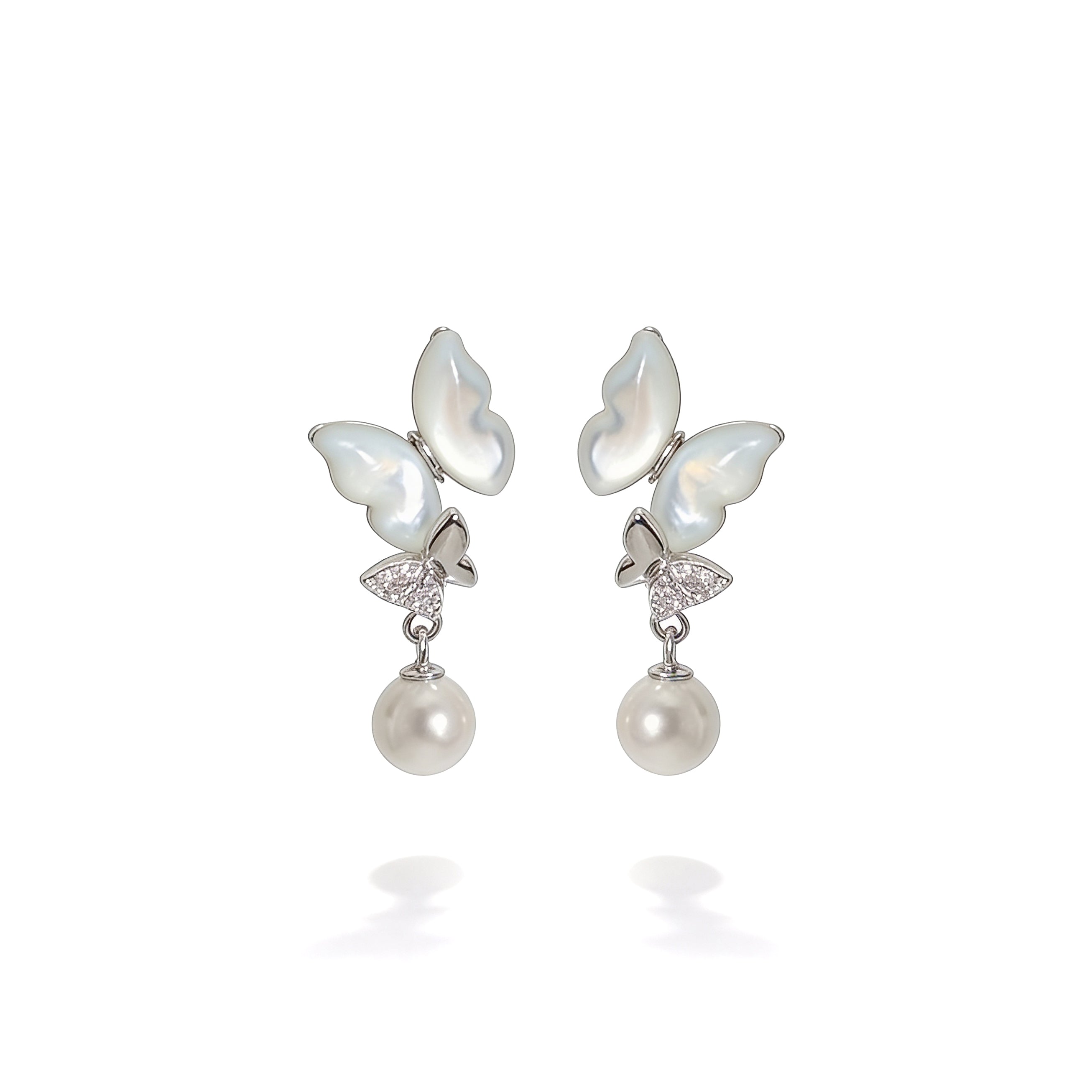 Delicate Butterfly Screw-Back Earrings with Zircon and Pearl, 925 Silver