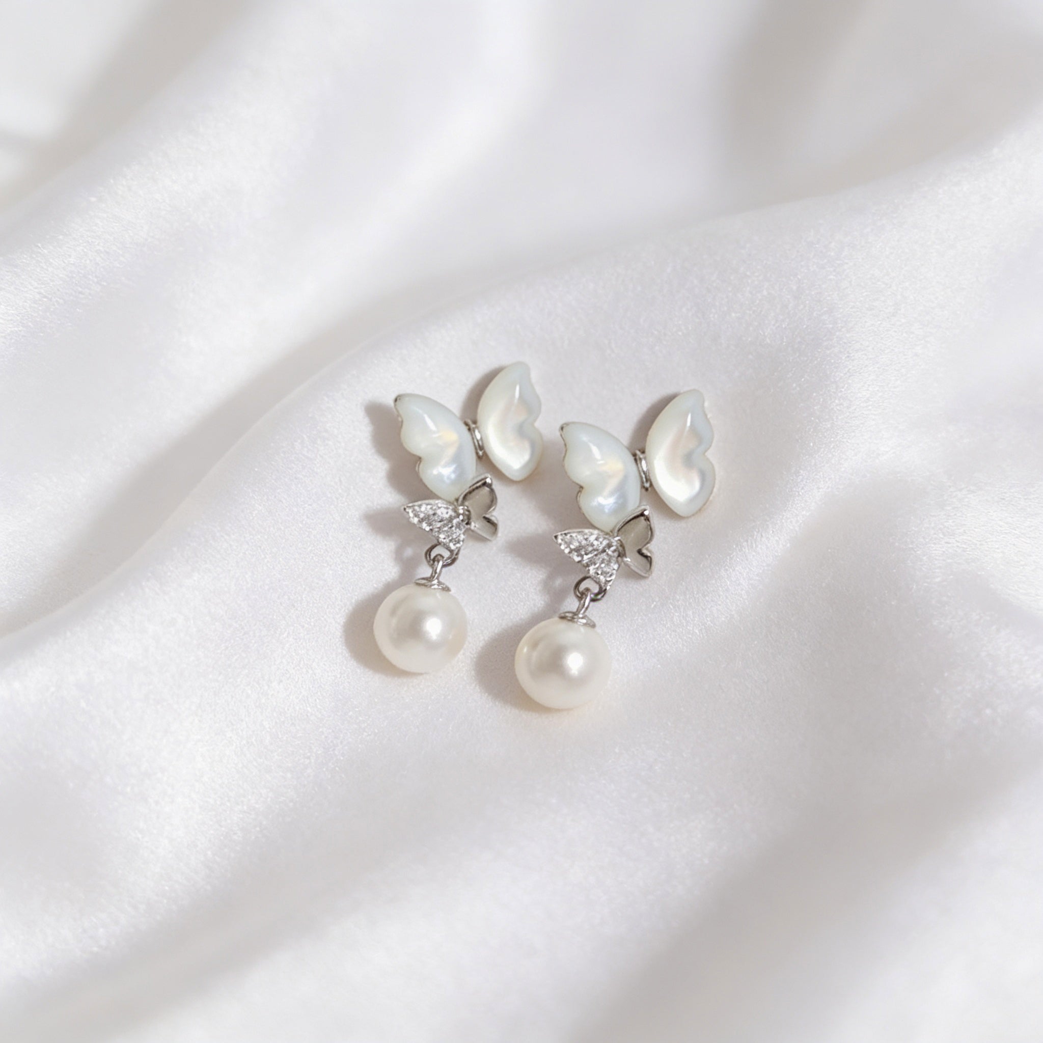 Delicate Butterfly Screw-Back Earrings with Zircon and Pearl, 925 Silver