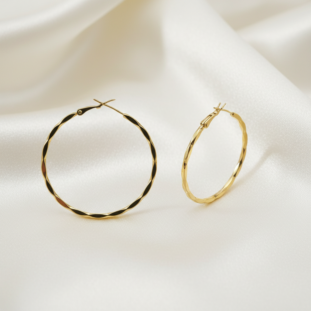 Wavy-Design Clip-On Hoop Earrings, Gold-Plated Over 925 Silver.