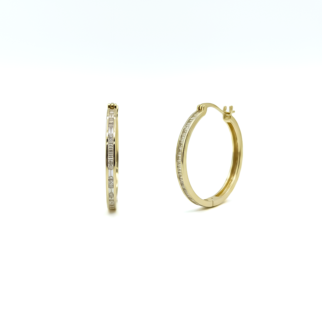 Circular clip-on earrings set with rectangular zircon stones, gold-plated over 925 silver.