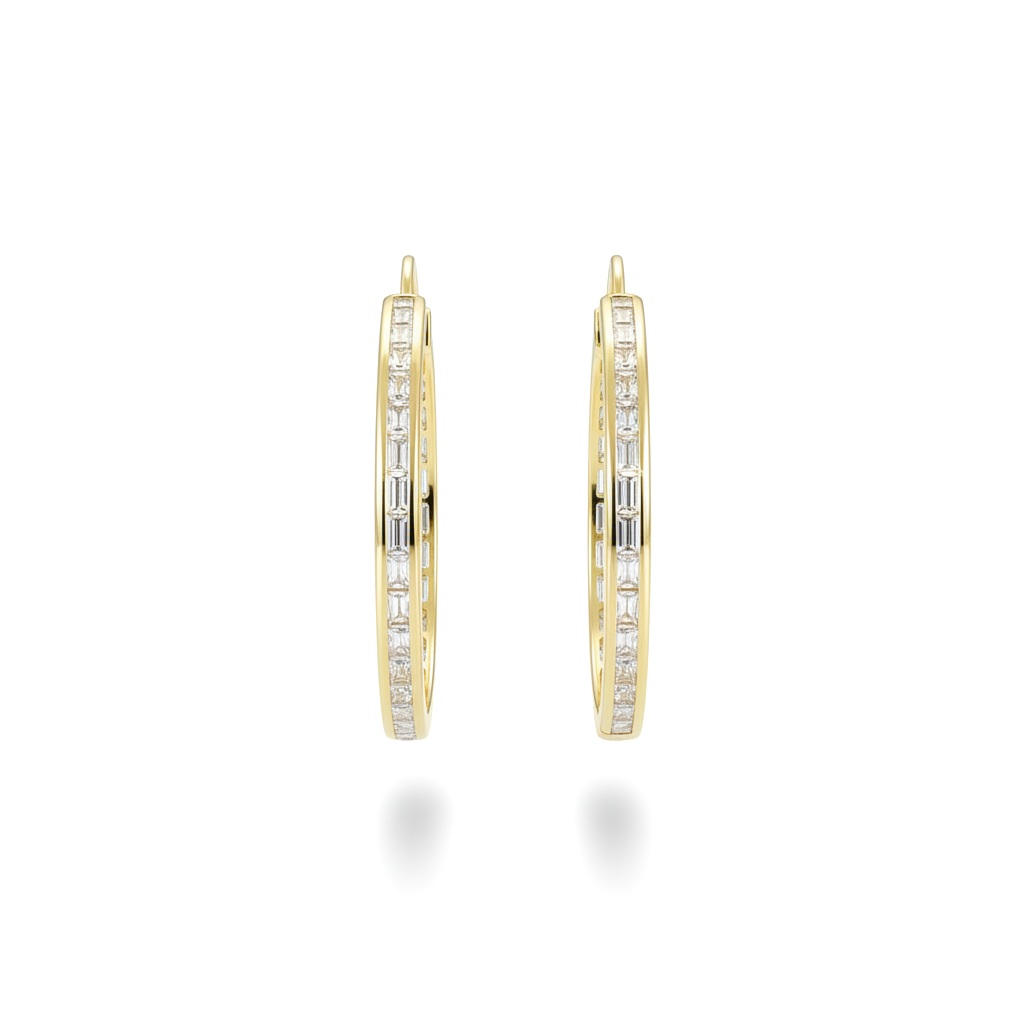Circular clip-on earrings set with rectangular zircon stones, gold-plated over 925 silver.