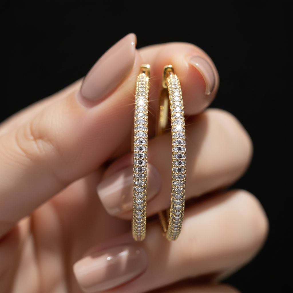 Fully Zircon-Studded Circular Clip-On Earrings, Gold-Plated Over 925 Silver