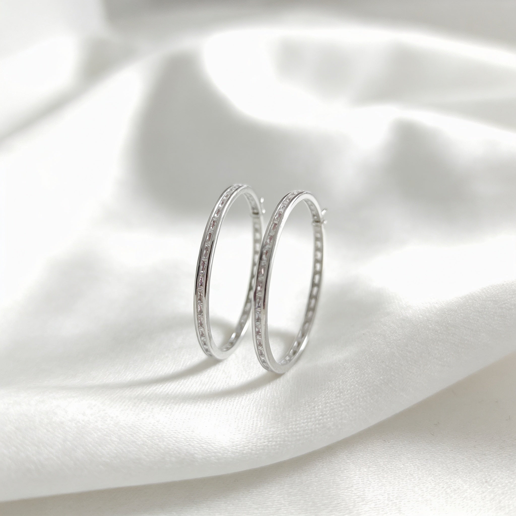 Circular Clip-On Earrings with Rectangular Zircon Stones, 925 Silver