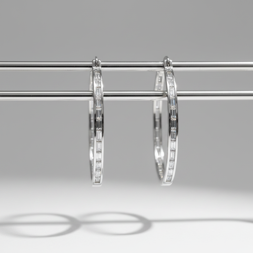 Circular Clip-On Earrings with Rectangular Zircon Stones, 925 Silver