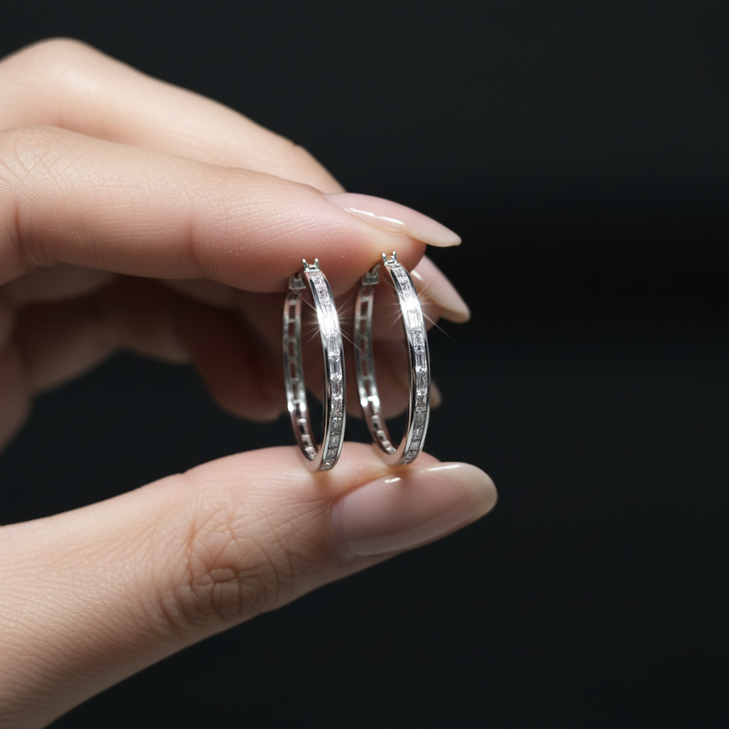 Circular Clip-On Earrings with Rectangular Zircon Stones, 925 Silver