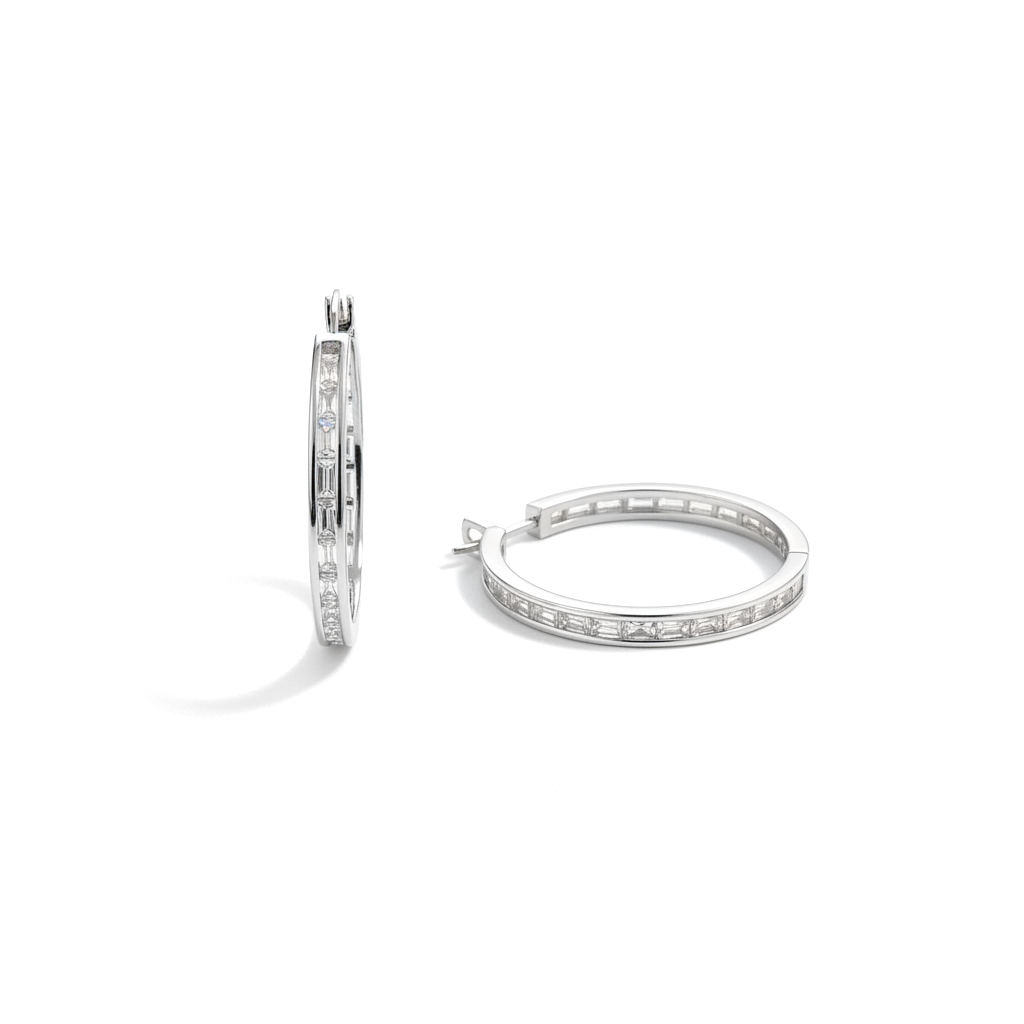 Circular Clip-On Earrings with Rectangular Zircon Stones, 925 Silver
