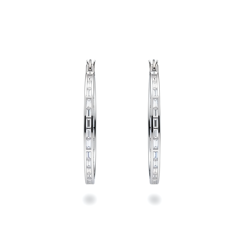 Circular Clip-On Earrings with Rectangular Zircon Stones, 925 Silver