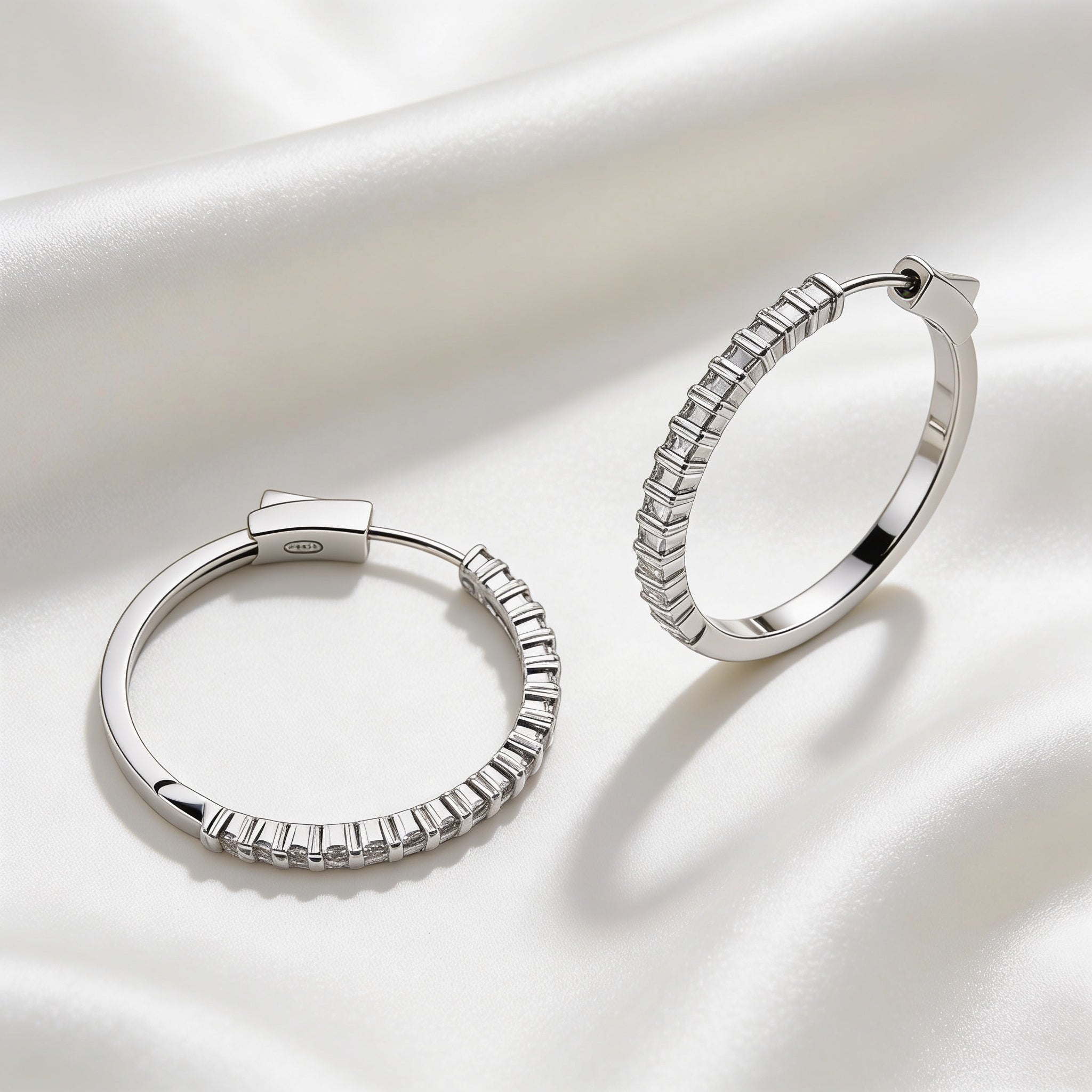 Clip-on hoop earrings adorned with sparkling zircon stones, 925 silver.
