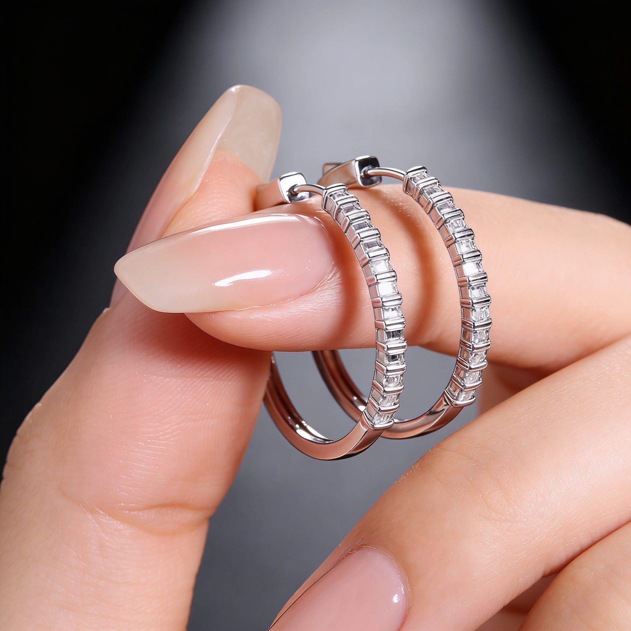 Clip-on hoop earrings adorned with sparkling zircon stones, 925 silver.