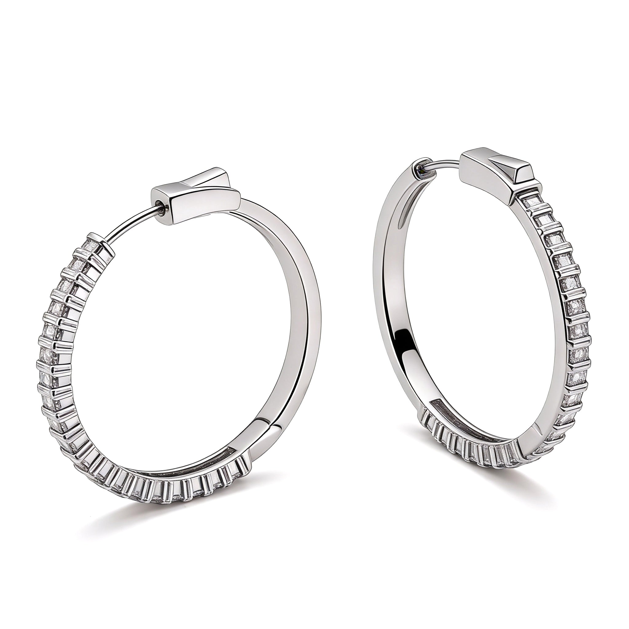 Clip-on hoop earrings adorned with sparkling zircon stones, 925 silver.