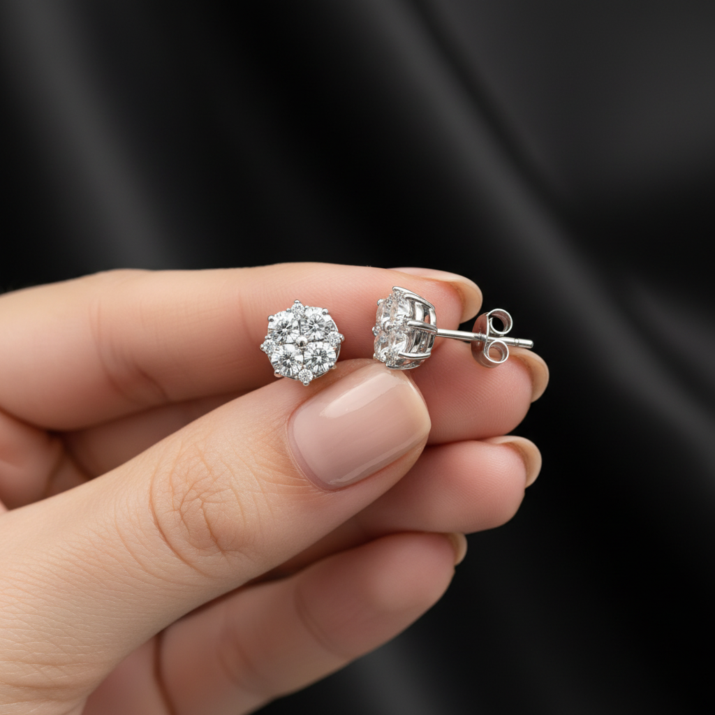 Floral Stud Earrings with Sparkling Stones – 925 Silver