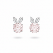 Pink Flower Stud Earrings with Sparkling Leaf Details – 925 Silver