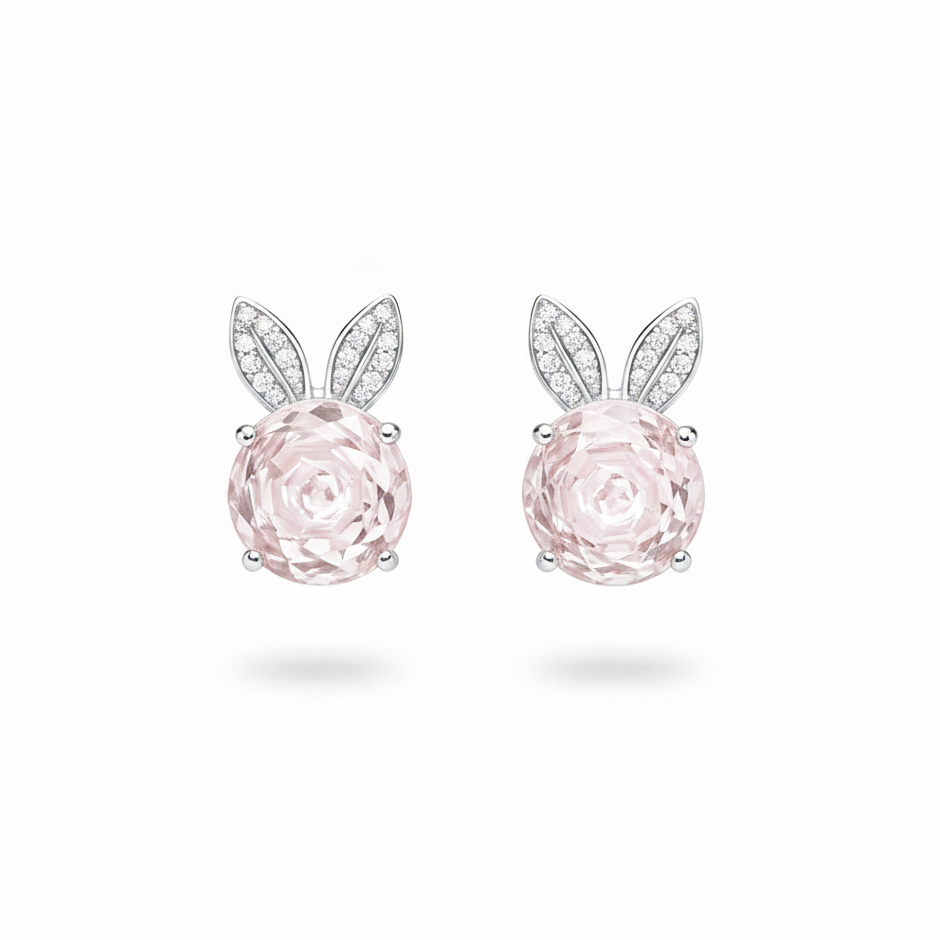 Pink Flower Stud Earrings with Sparkling Leaf Details – 925 Silver