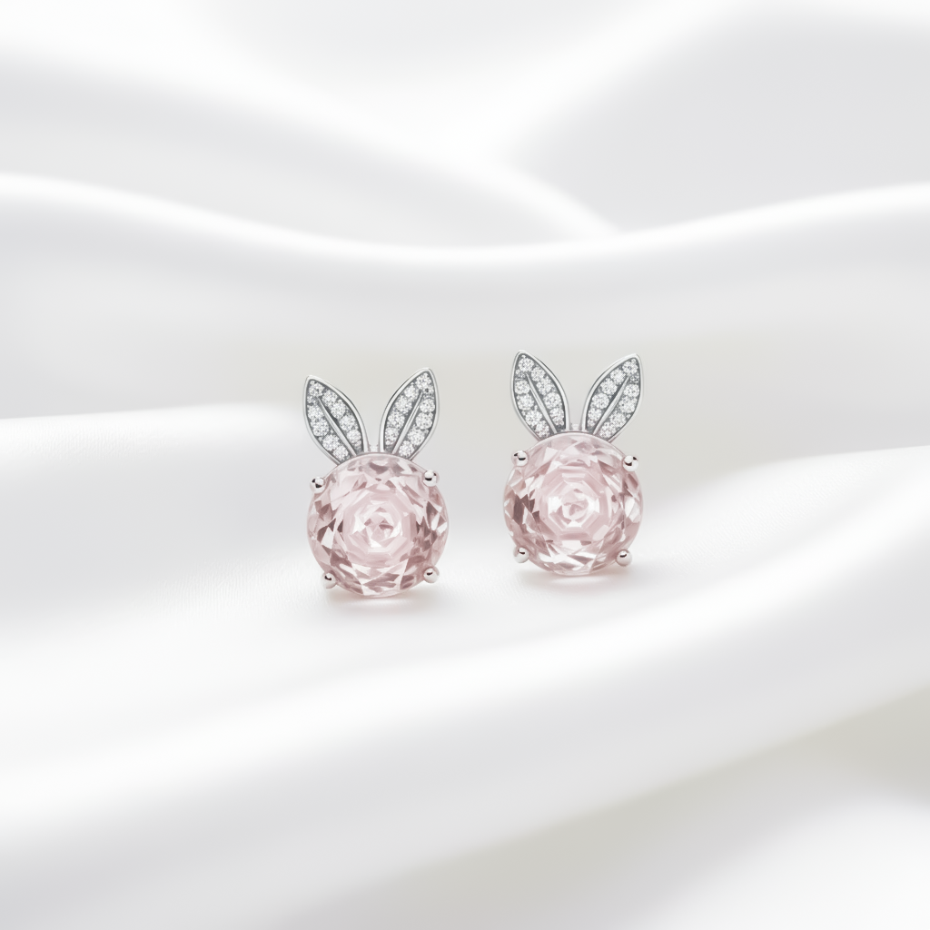 Pink Flower Stud Earrings with Sparkling Leaf Details – 925 Silver