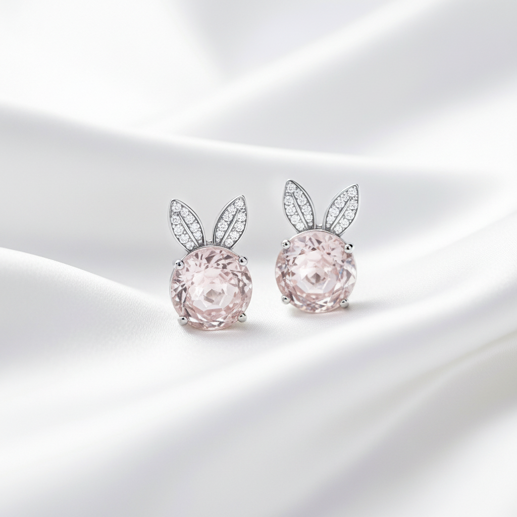 Pink Flower Stud Earrings with Sparkling Leaf Details – 925 Silver