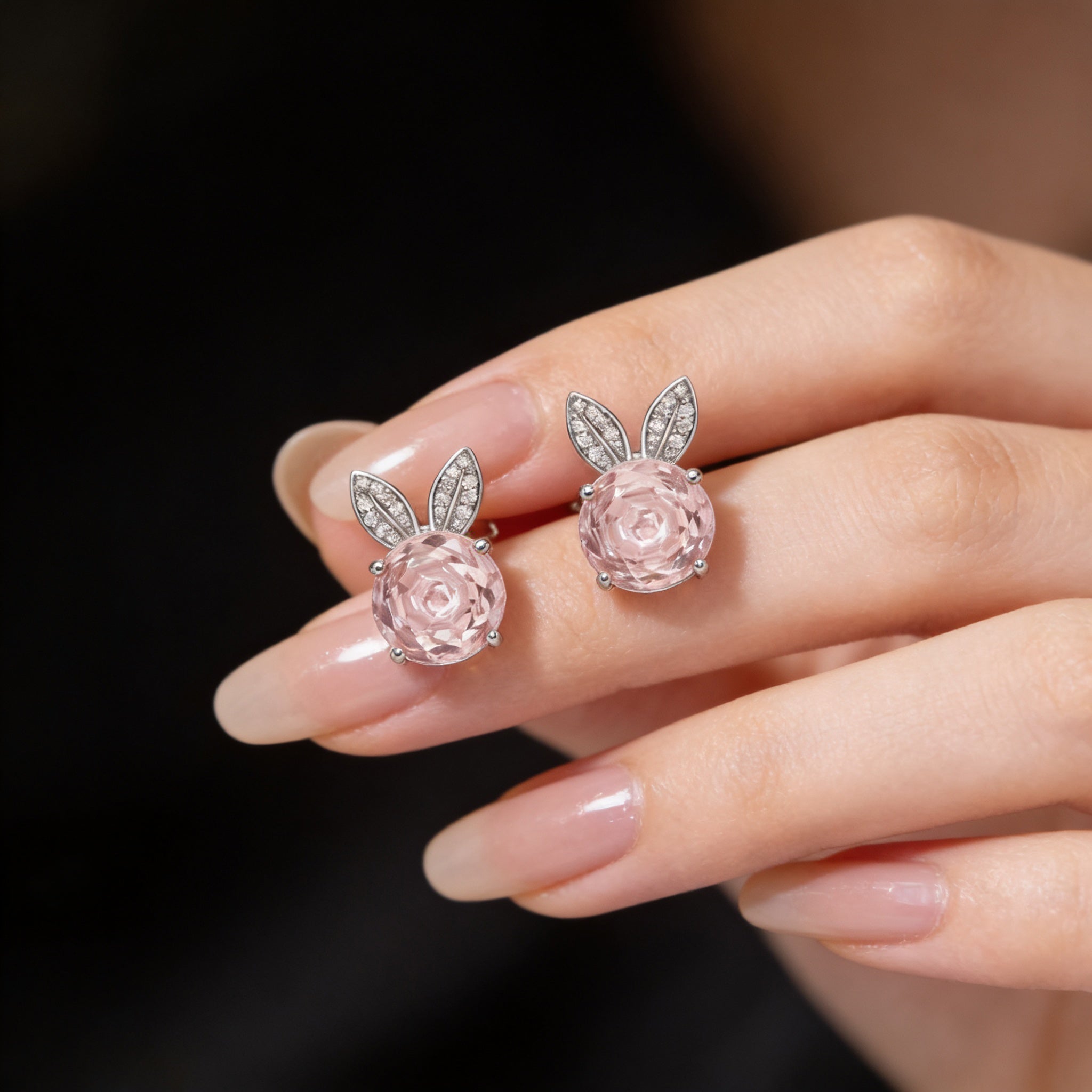 Pink Flower Stud Earrings with Sparkling Leaf Details – 925 Silver