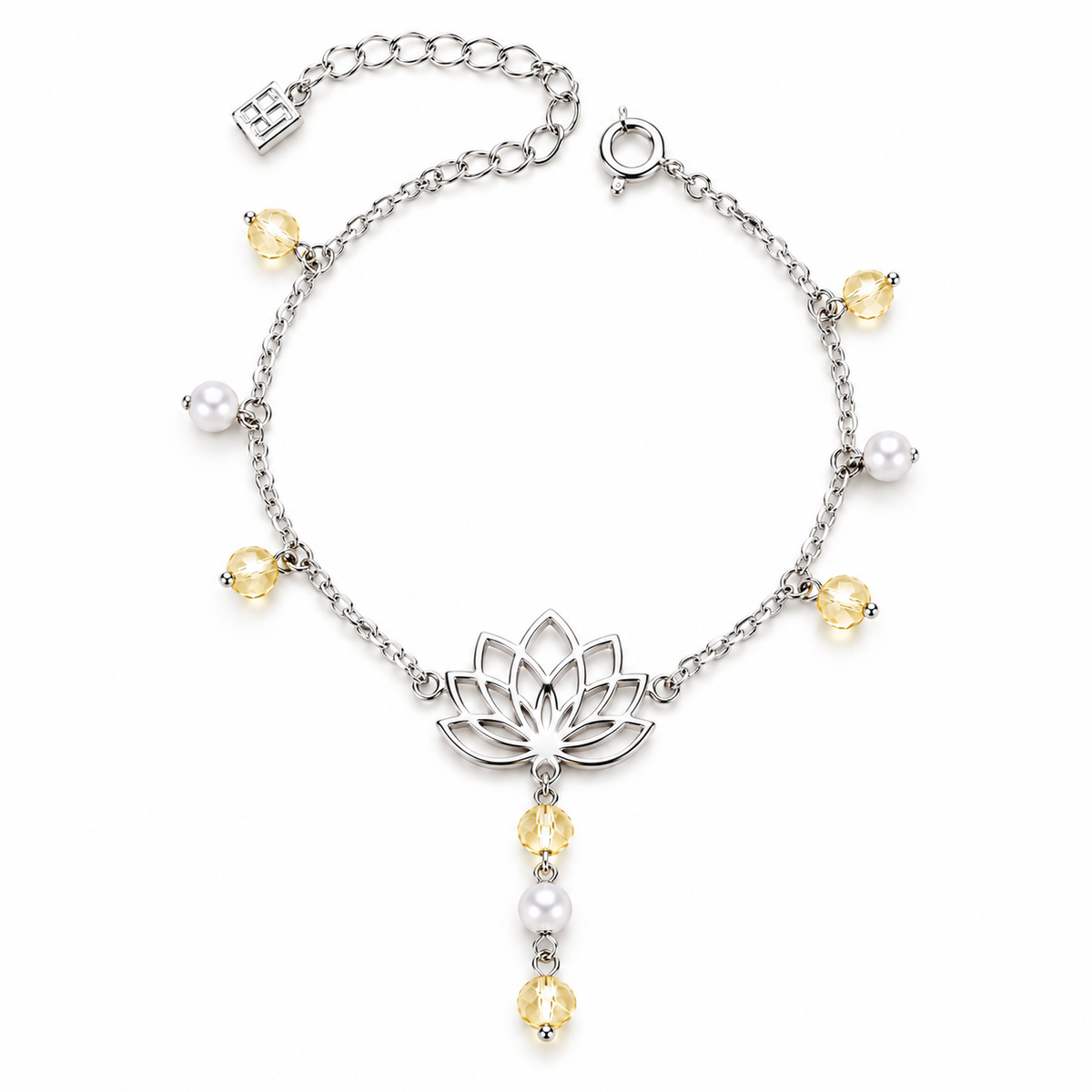 Lotus Bracelet with Shell and Natural Citrine Stones 925 Silver