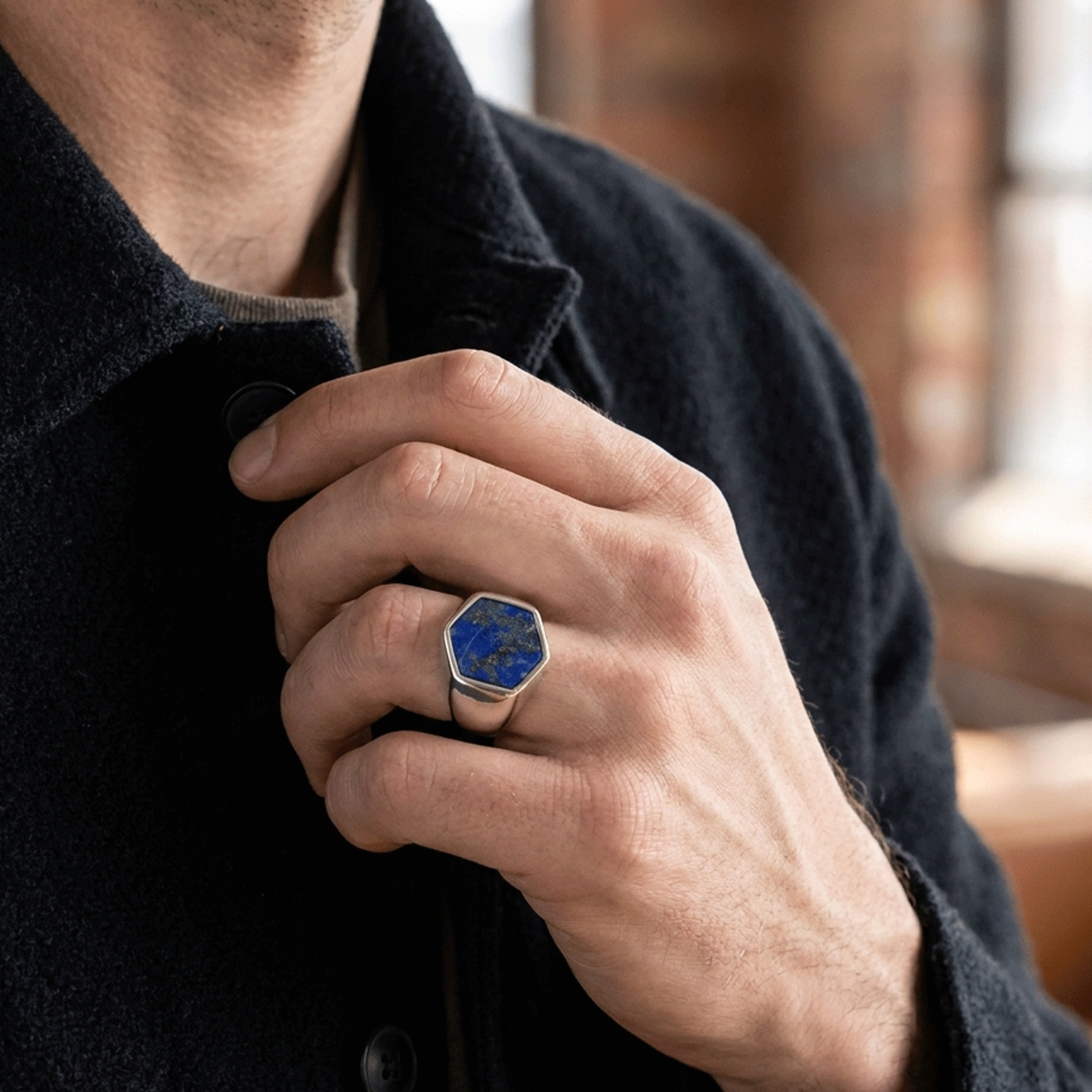 خاتم رجالي فضة عيار 925 بحجر لابيس لازورد