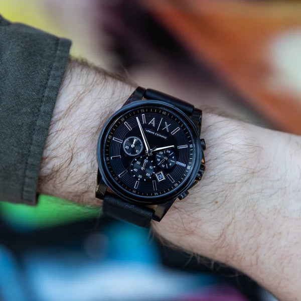 Armani Exchange Men's Chronograph Watch – Black Dial with Black Leather Strap