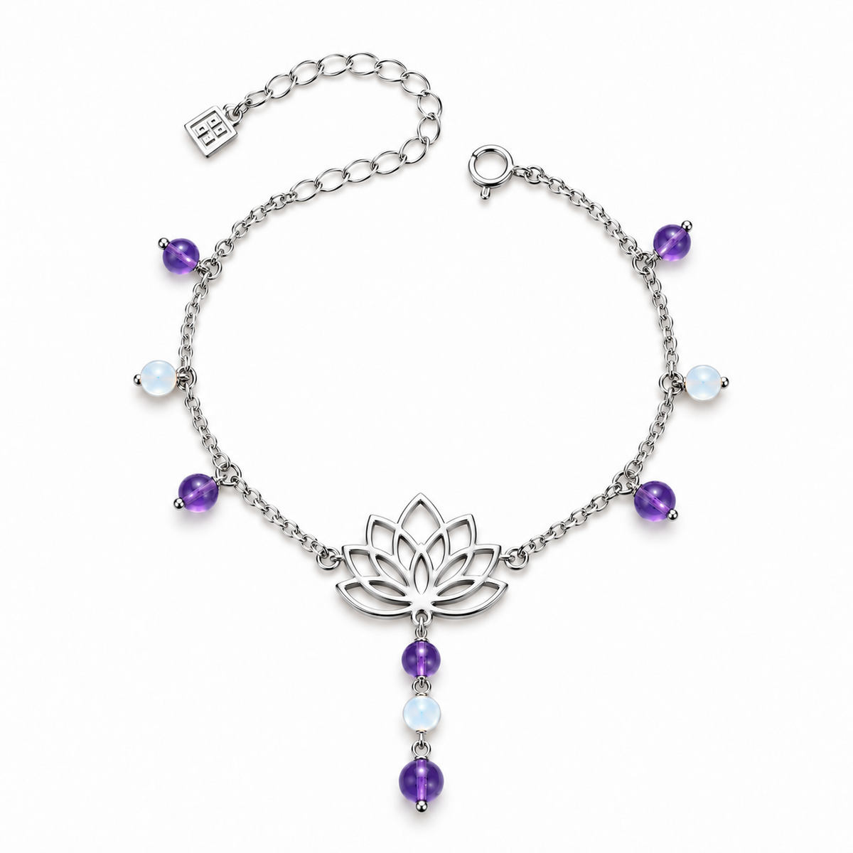 Lotus Bracelet with Shell and Natural Amethyst Stones 925 Silver
